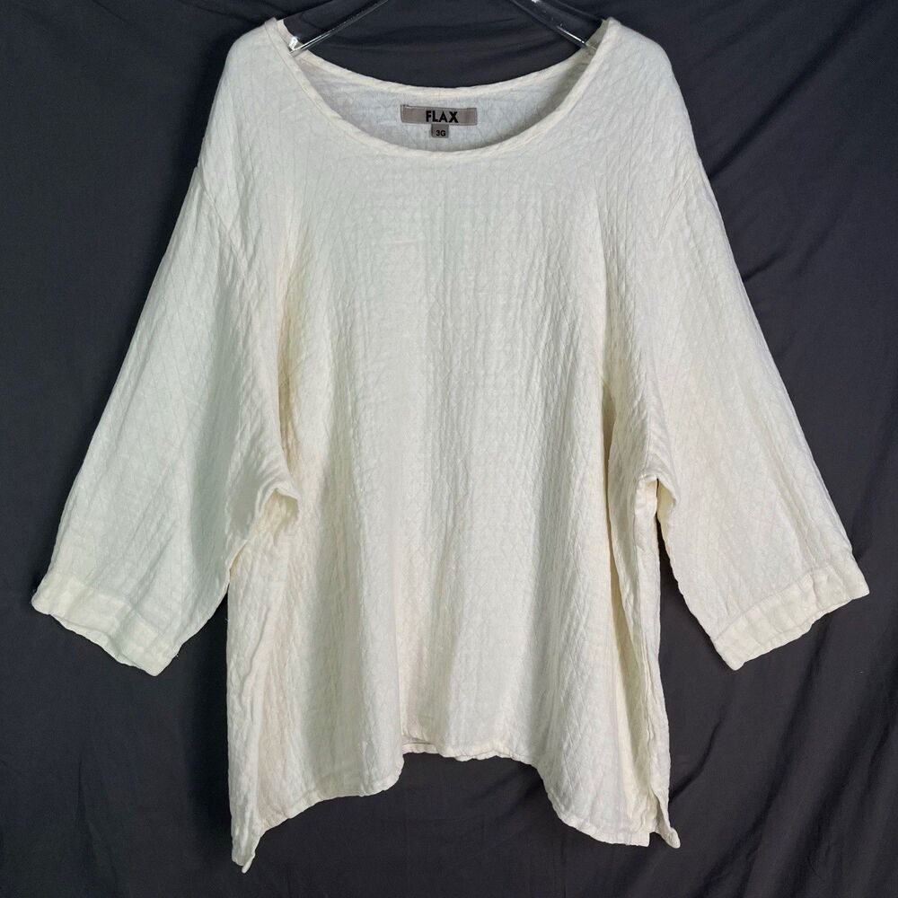 Flax Top Size 3G Ivory 3/4 Sleeve Quilted Texture 100% Linen Tunic 54" Chest